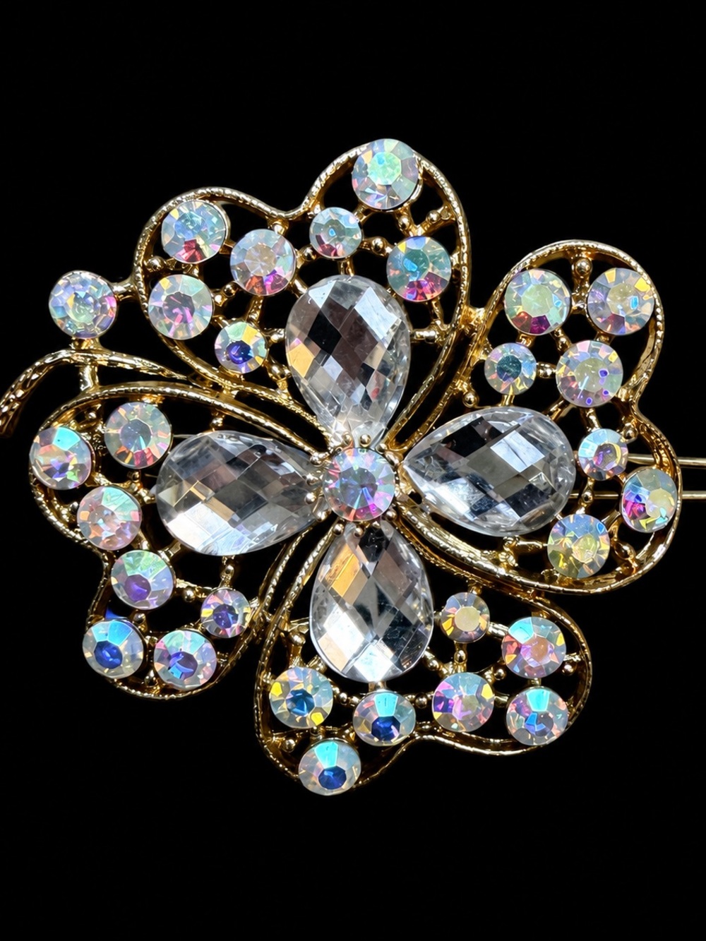Crystal iridescent hair clip - Gold-Tone with Aurora Borealis Stones